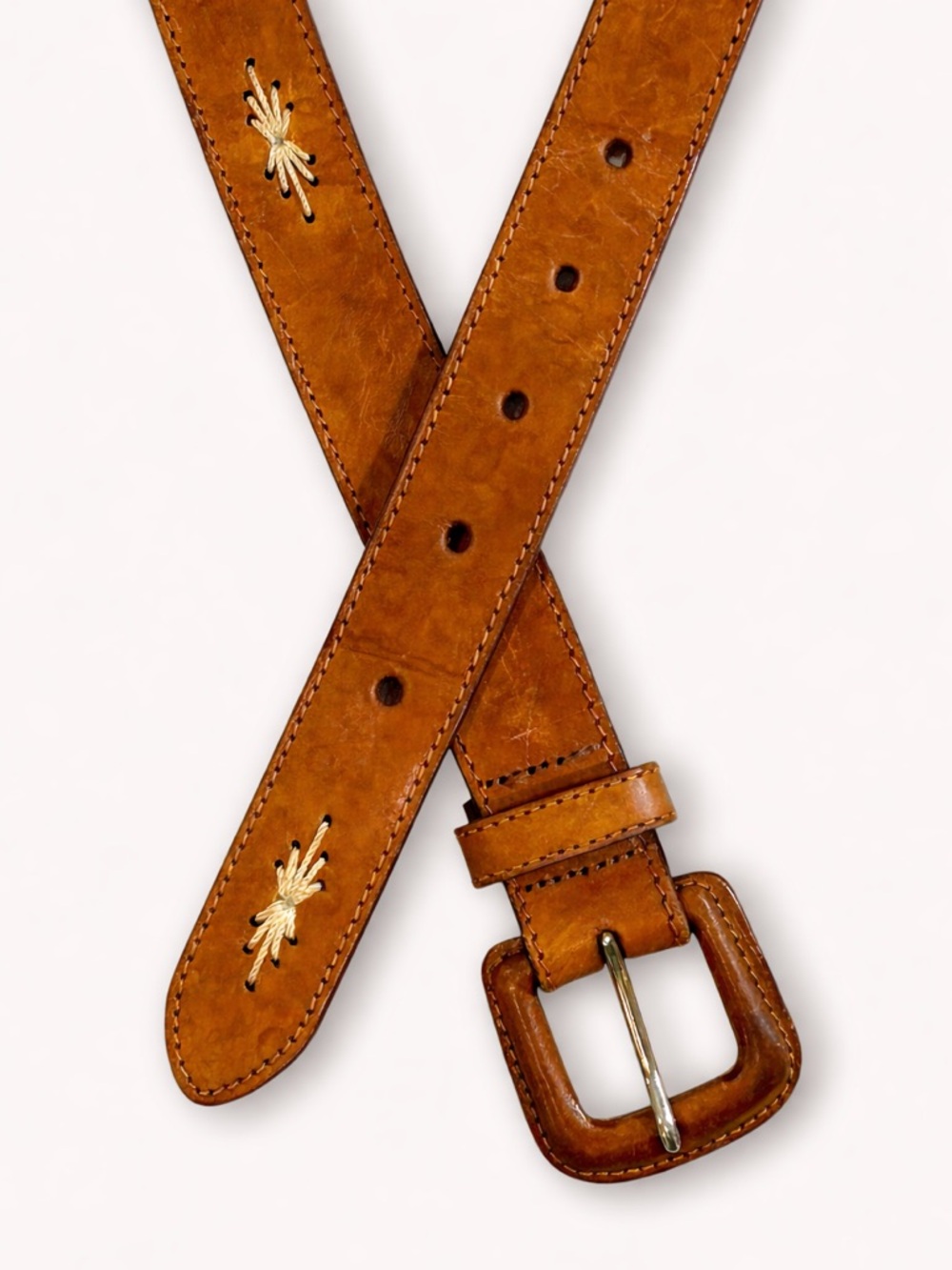 Cognac Leather Belt With Starburst Embroidery Detail | Women’s Size M